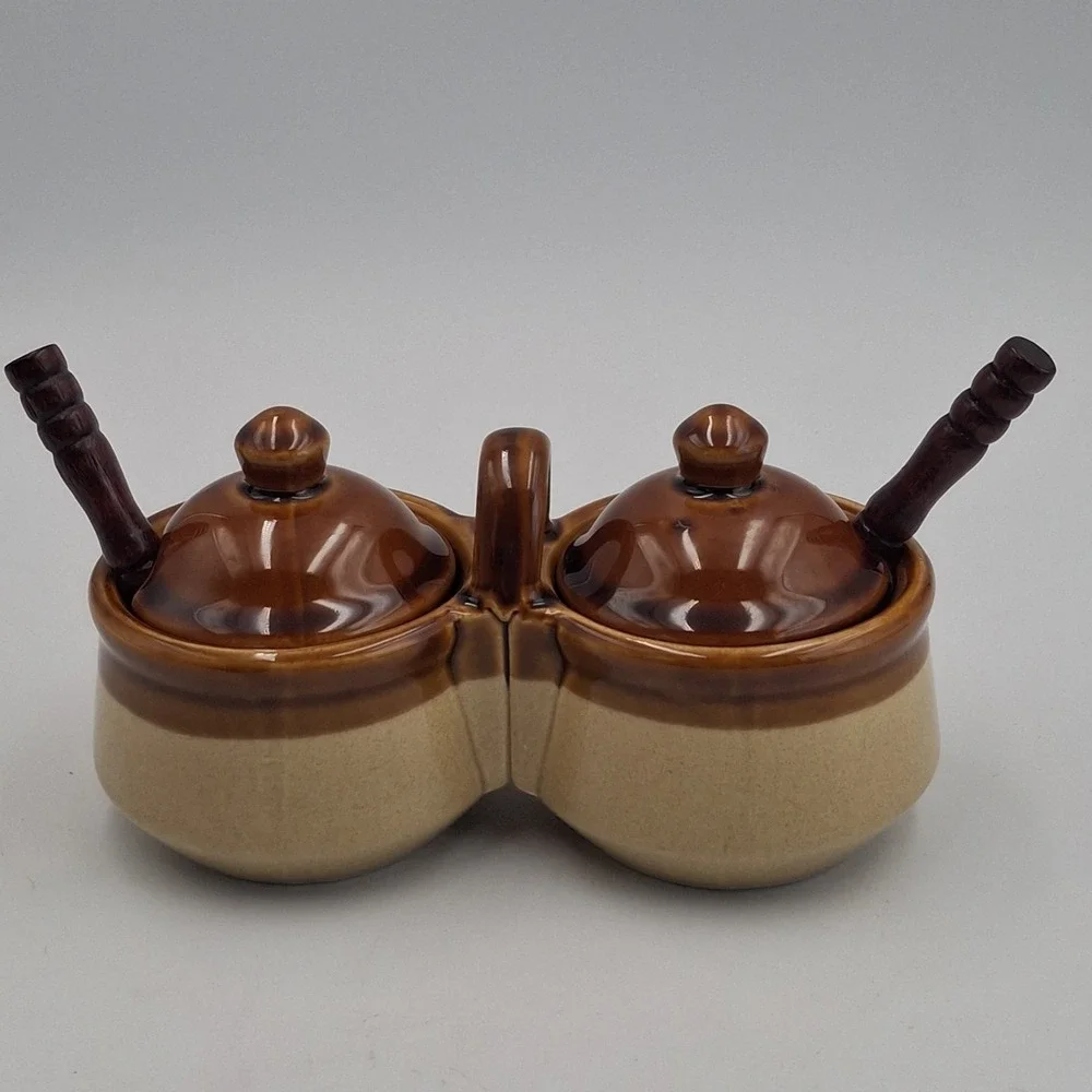 Vintage Stoneware Double Condiment Server Brown Tan Glaze Lidded Caddy w/ Spoons